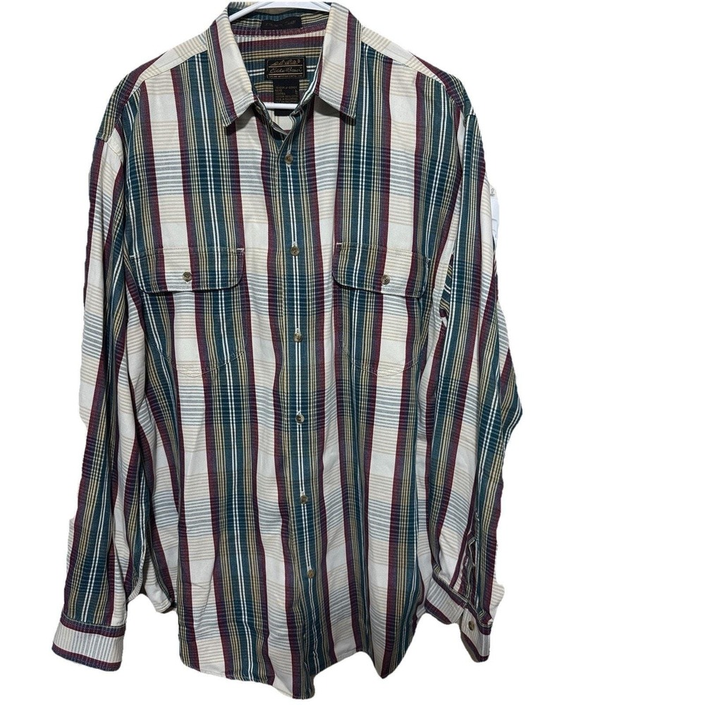 Eddie Bauer Elkhorn Twill Mens Large Striped Button Down Shirt Cotton Green Red